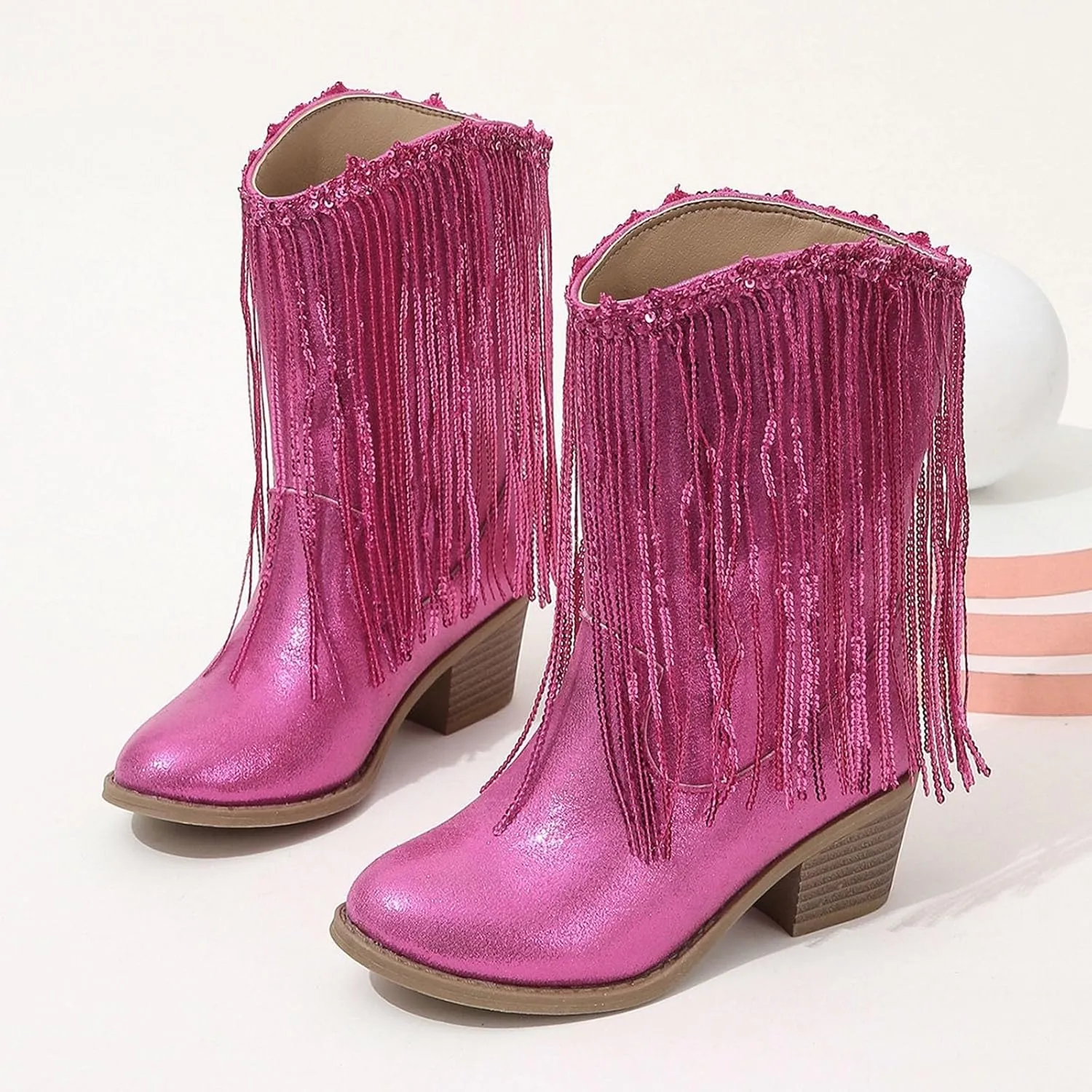 Girls Winter Low Heels Princess Boots Leather Cowboy Boots Tassel Sequin Mid Calf Riding Shoes Waterproof Comfy Ankle Boots