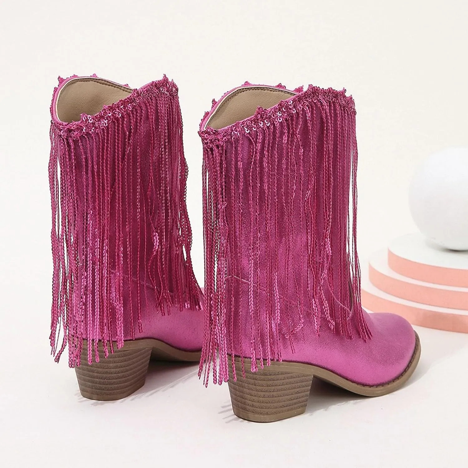 Girls Winter Low Heels Princess Boots Leather Cowboy Boots Tassel Sequin Mid Calf Riding Shoes Waterproof Comfy Ankle Boots