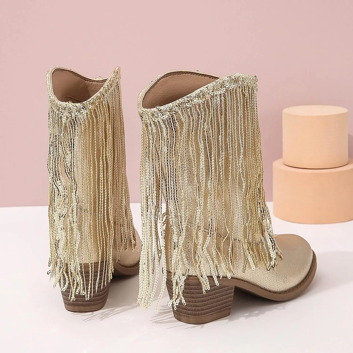 Girls Winter Low Heels Princess Boots Leather Cowboy Boots Tassel Sequin Mid Calf Riding Shoes Waterproof Comfy Ankle Boots