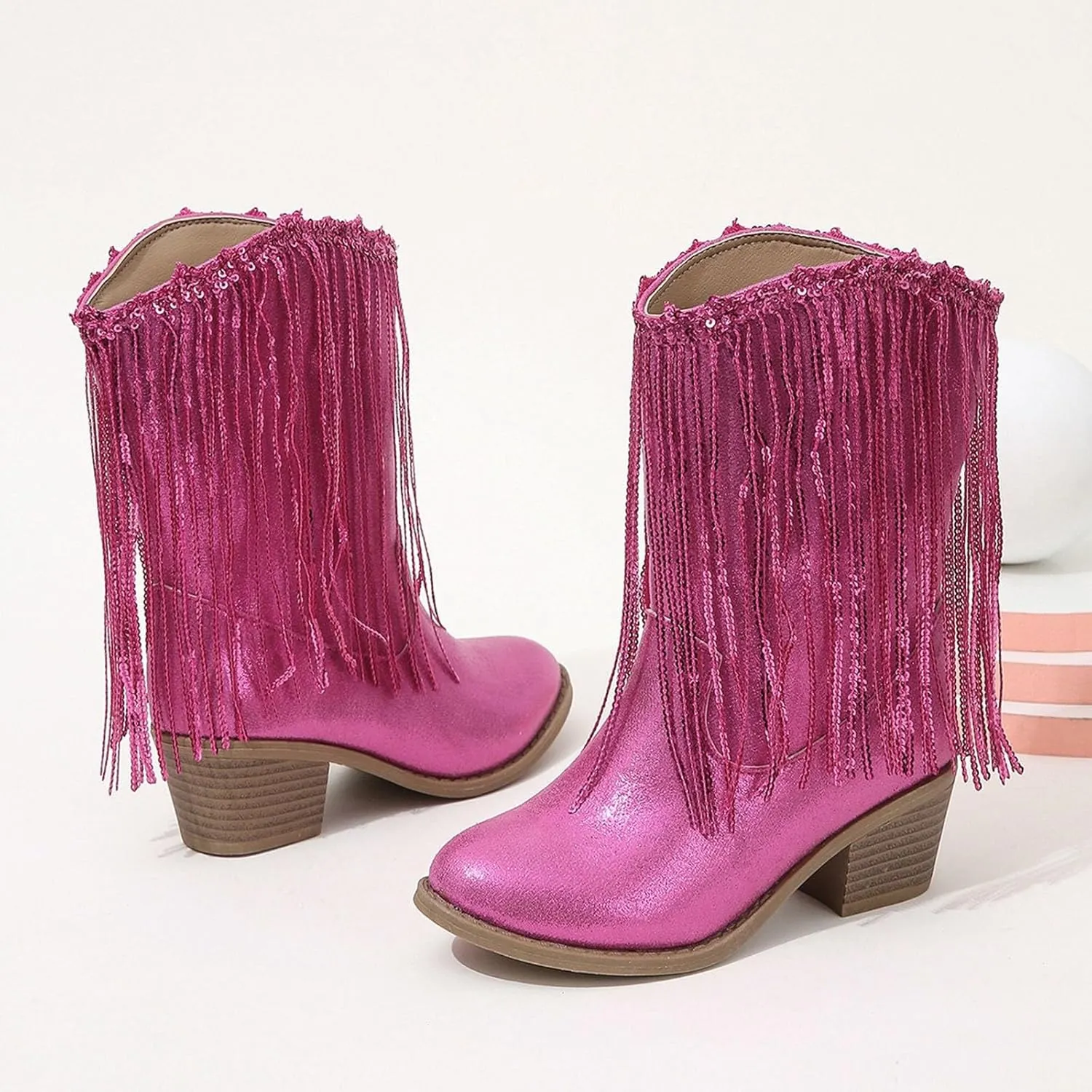 Girls Winter Low Heels Princess Boots Leather Cowboy Boots Tassel Sequin Mid Calf Riding Shoes Waterproof Comfy Ankle Boots