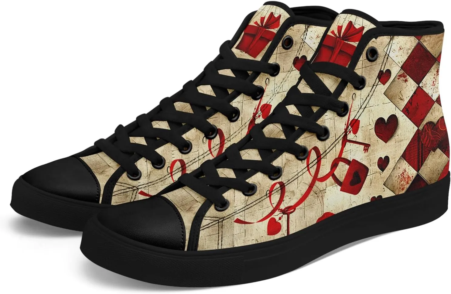 High-Top Canvas Sneakers for Girls & Boys ??Stylish Heart Print Lace-Up Shoes, Comfortable Casual Fashion Footwear