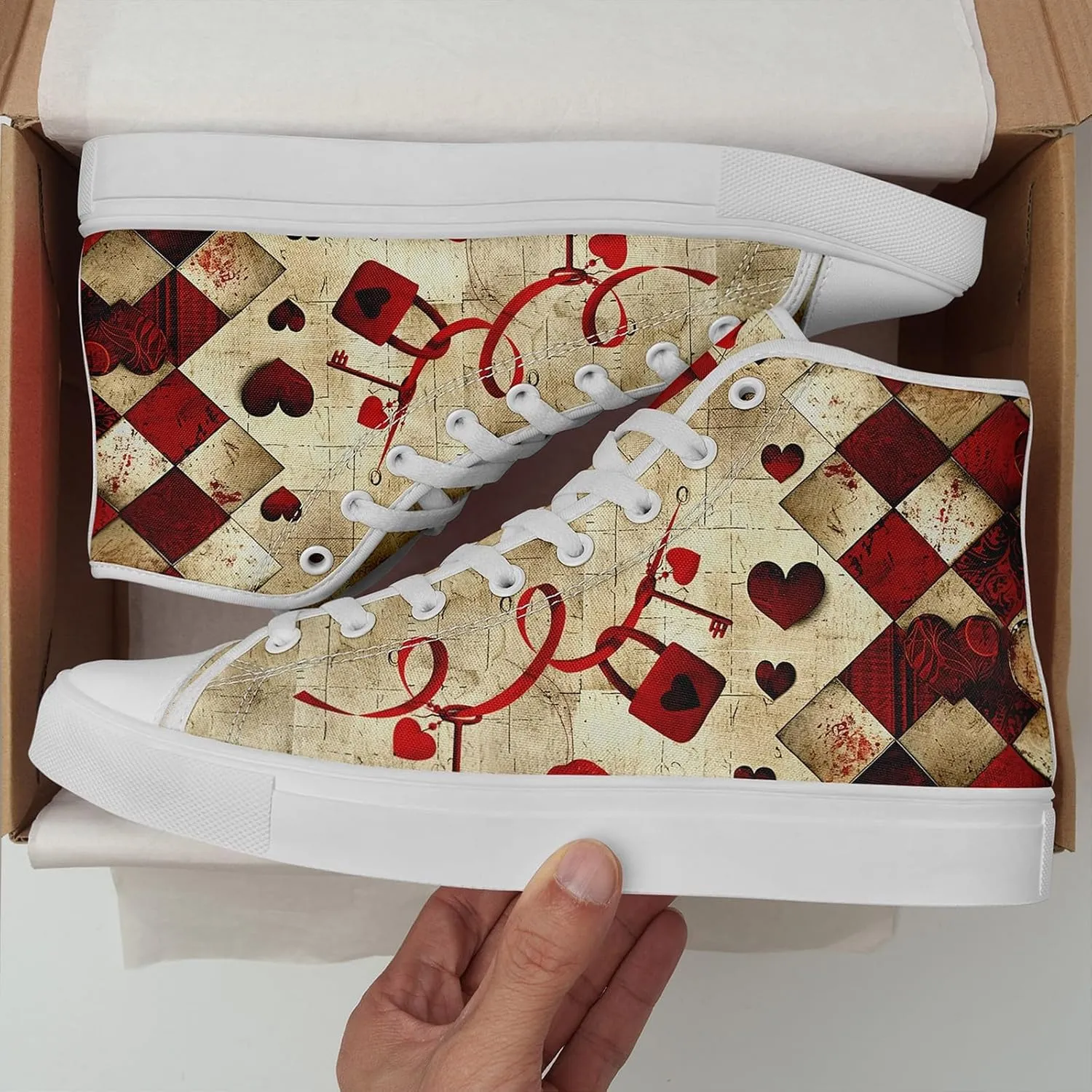 High-Top Canvas Sneakers for Girls & Boys ??Stylish Heart Print Lace-Up Shoes, Comfortable Casual Fashion Footwear