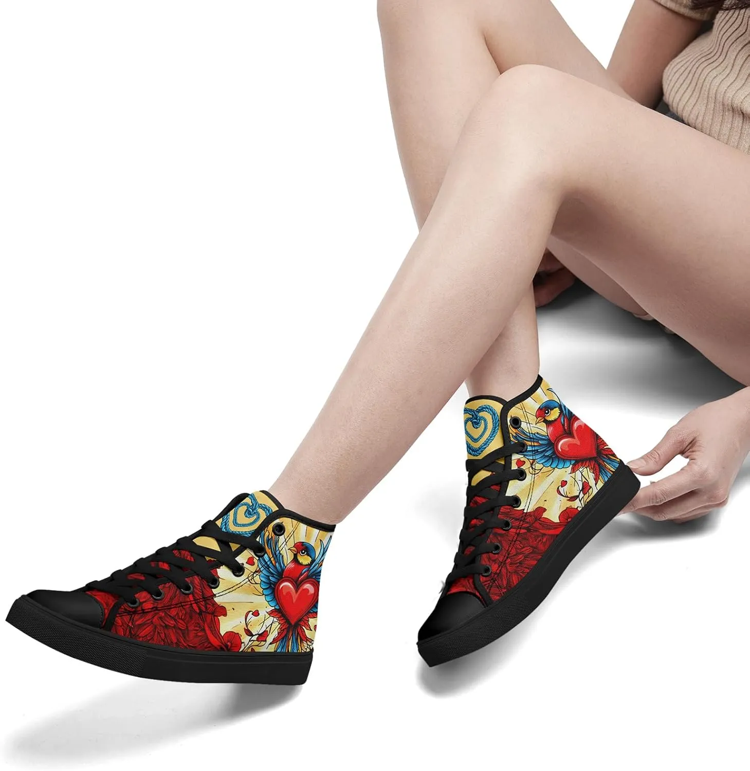High-Top Canvas Sneakers for Girls & Boys ??Stylish Heart Print Lace-Up Shoes, Comfortable Casual Fashion Footwear