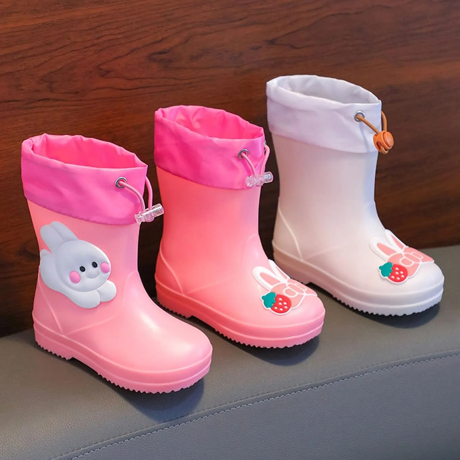 Infant Cartoon Rain Shoes with Rabbit Design Pink Children's Rain Boots Textured Soles Non Slip Toddler Metallic Boots