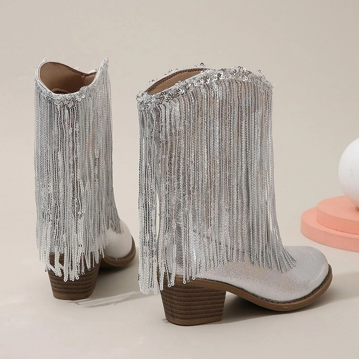 Kids Cowboy Boots for Girls Sparkly Leather Western Cowgirl Boots Mid Calf Sequins Tassel Riding Shoes Casual Boot
