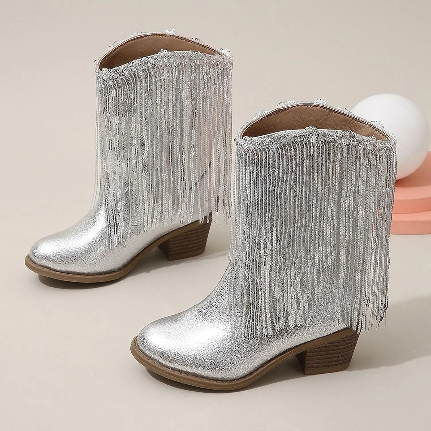 Kids Cowboy Boots for Girls Sparkly Leather Western Cowgirl Boots Mid Calf Sequins Tassel Riding Shoes Casual Boot
