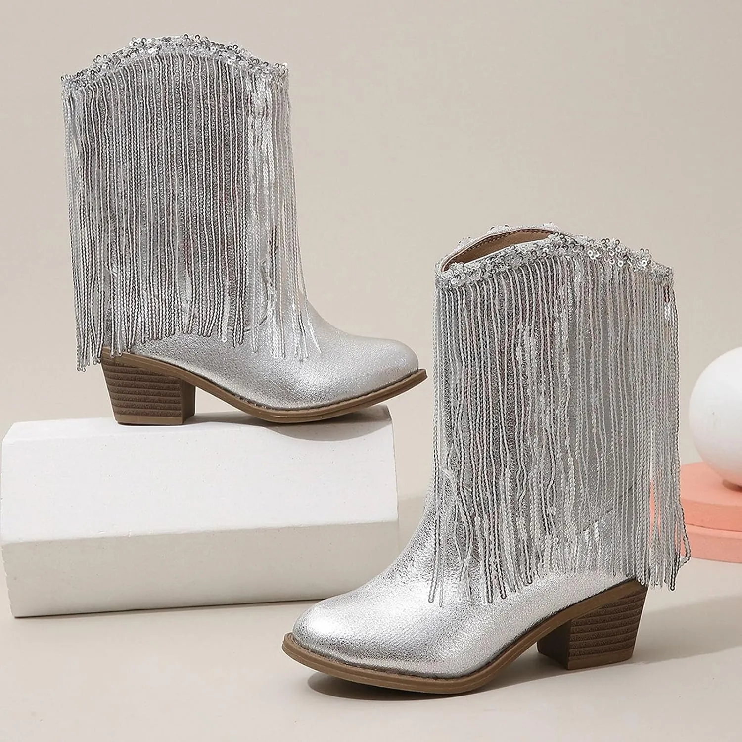 Kids Cowboy Boots for Girls Sparkly Leather Western Cowgirl Boots Mid Calf Sequins Tassel Riding Shoes Casual Boot