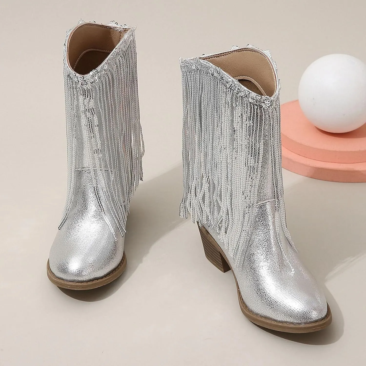 Kids Cowboy Boots for Girls Sparkly Leather Western Cowgirl Boots Mid Calf Sequins Tassel Riding Shoes Casual Boot