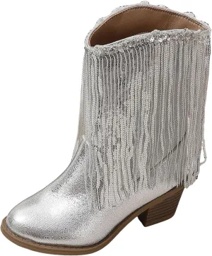 Kids Cowboy Boots for Girls Sparkly Leather Western Cowgirl Boots Mid Calf Sequins Tassel Riding Shoes Casual Boot