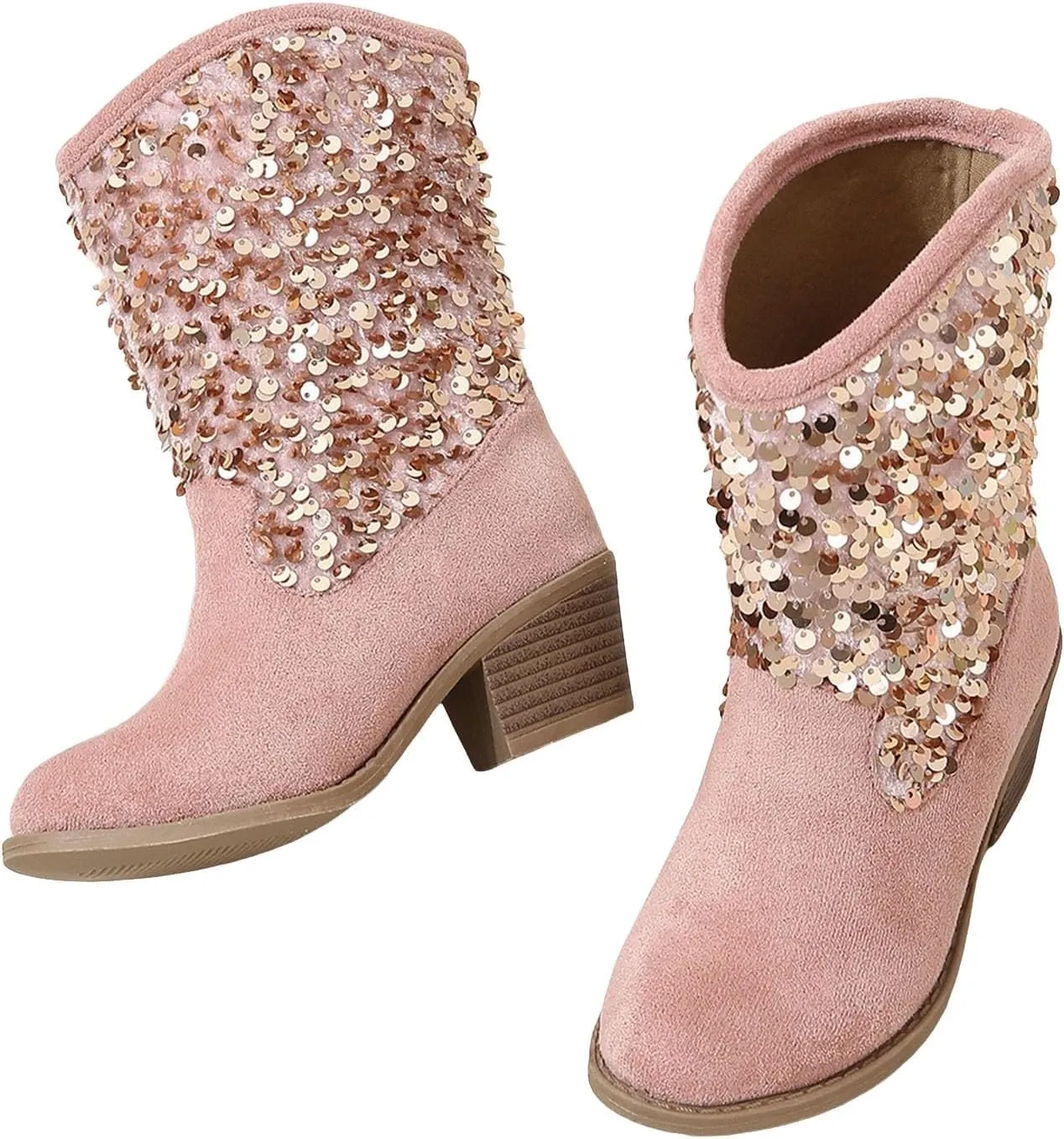 Kids Cowboy Boots Girls Fashion Glitter Mid Calf Western Cowgirl Boots Casual Sparkly Sequins Tassel Riding Shoes