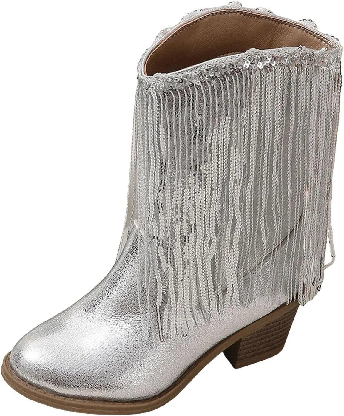 Kids Cowboy Boots Girls Sparkly Sequins Tassel Casual Western Cowboy Boots Fashion Glitter Mid Calf Riding Shoes