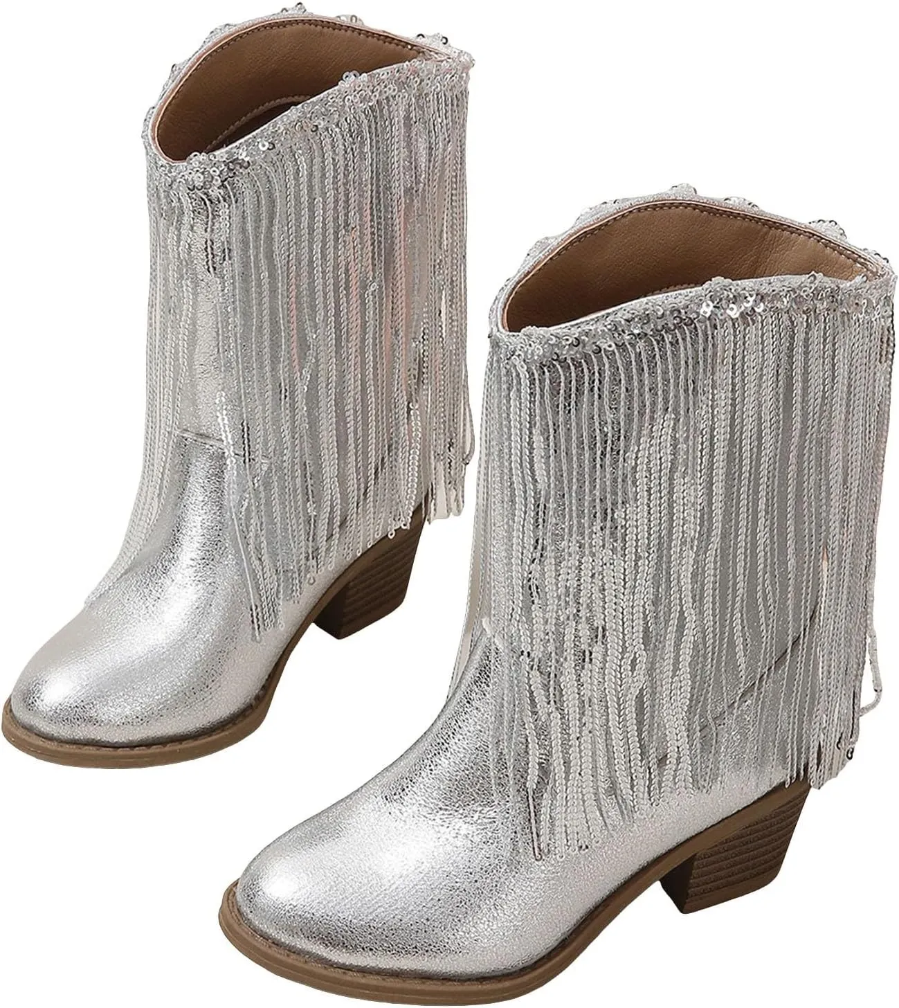 Kids Cowboy Boots Girls Sparkly Sequins Tassel Casual Western Cowboy Boots Fashion Glitter Mid Calf Riding Shoes