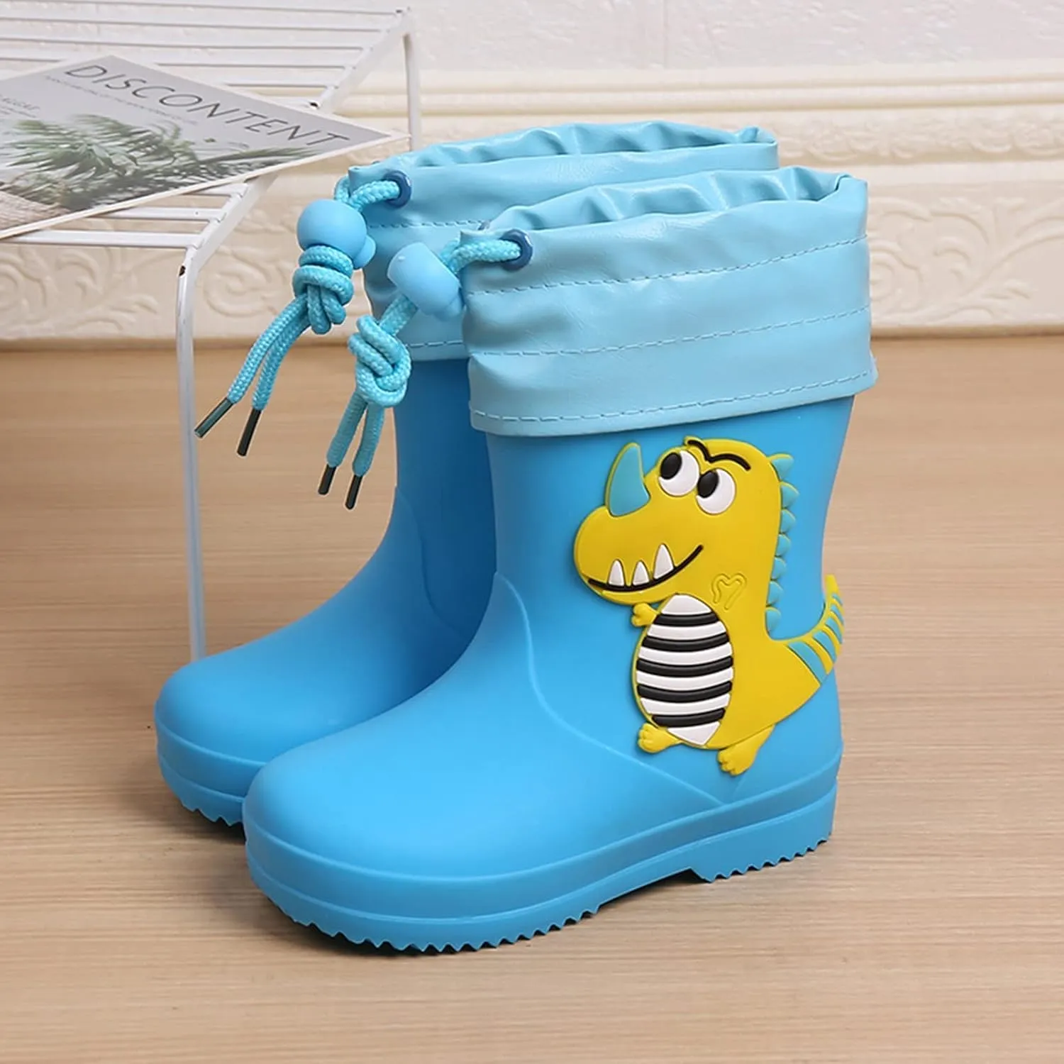 Kids Dinosaur Rain Boots with Elastic Buckle Strap, Toddler Rain Shoes Children Waterproof Boots for Boys Girls