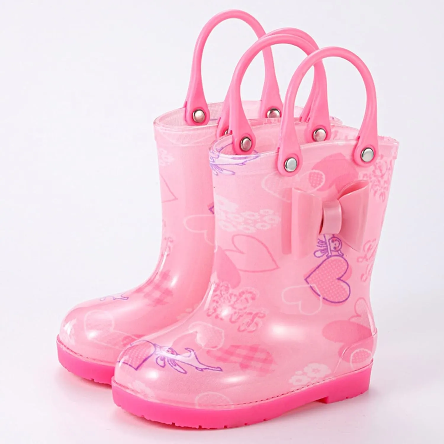 Kids Rain Boots for Girls Toddler Lightwight Waterproof Rubber Boots Cute Bow with Easy-On Handles Water Shoes