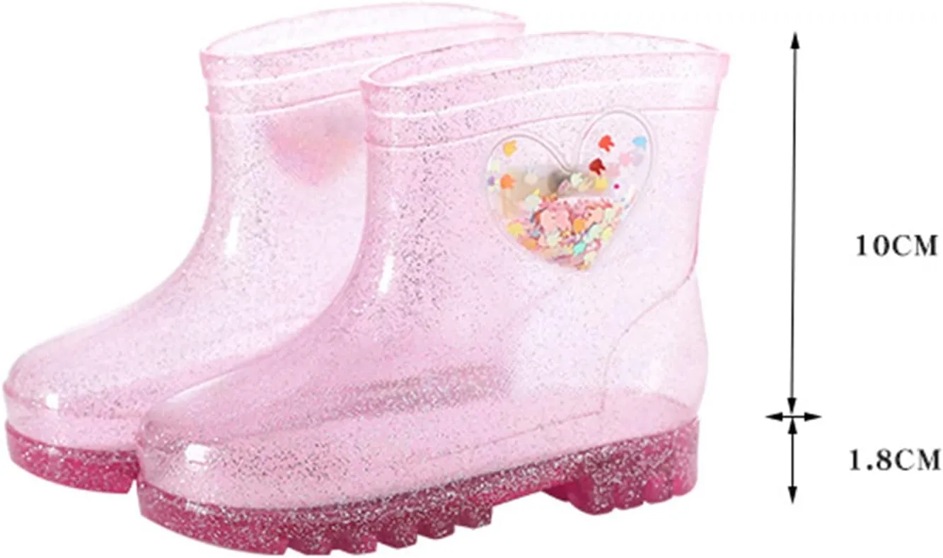 Kids Rain Boots, Toddler Waterproof Rubber Soft Sole Rain Boots for Girls Boys Heart Patterns Glitter Youth Rain Boots