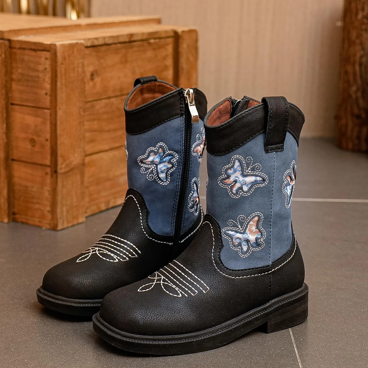 kkdom Toddler Girls Cowgirl Boots Western Glitter Butterfly Embroidery Cowboy Boot Ankle Boots Horse Riding Shoes