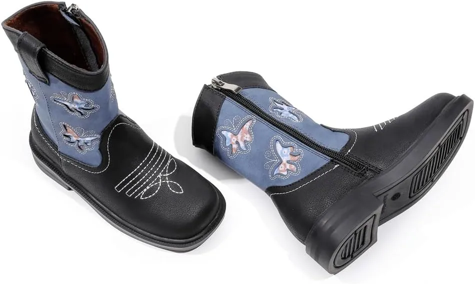 kkdom Toddler Girls Cowgirl Boots Western Glitter Butterfly Embroidery Cowboy Boot Ankle Boots Horse Riding Shoes