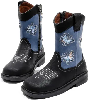 kkdom Toddler Girls Cowgirl Boots Western Glitter Butterfly Embroidery Cowboy Boot Ankle Boots Horse Riding Shoes