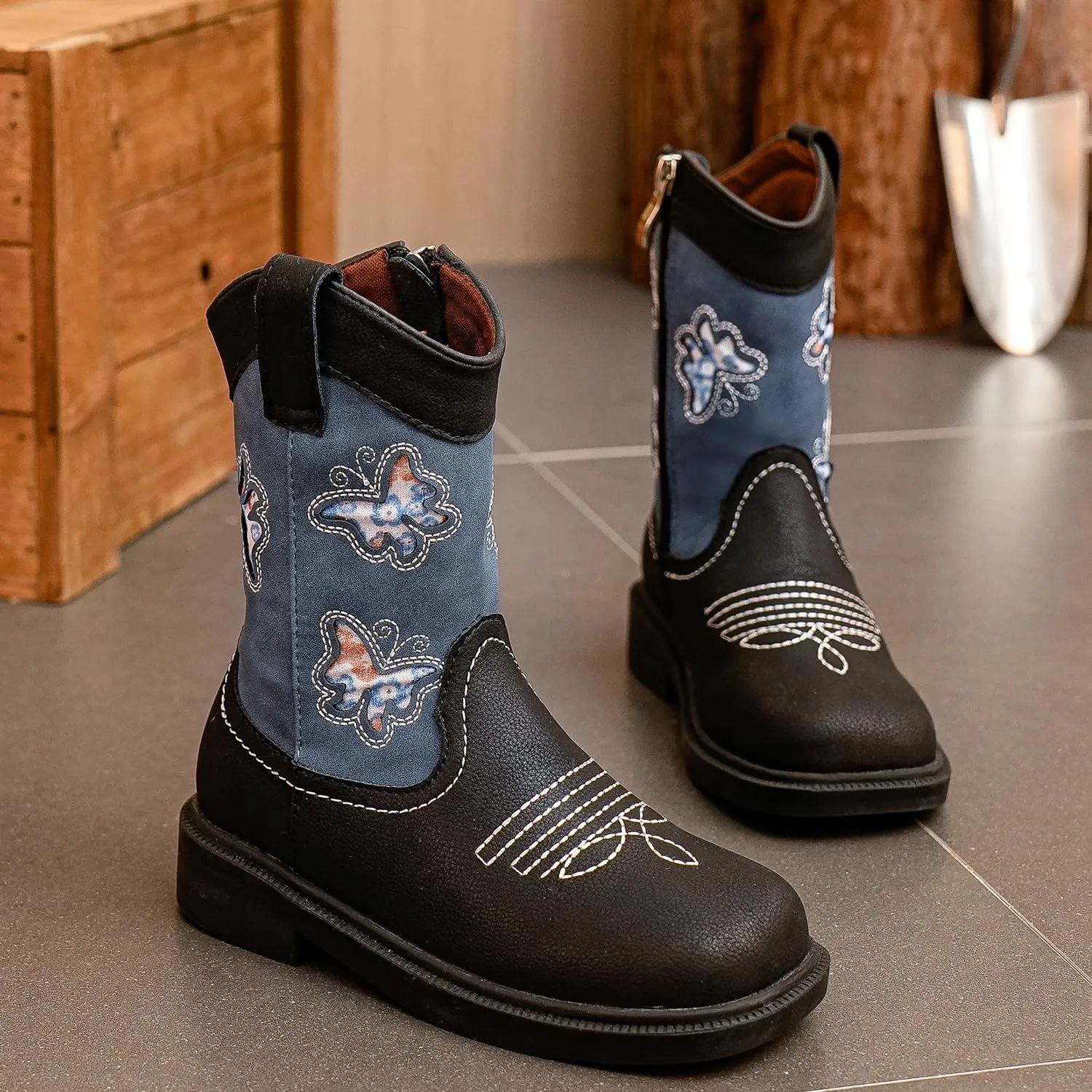 kkdom Toddler Girls Cowgirl Boots Western Glitter Butterfly Embroidery Cowboy Boot Ankle Boots Horse Riding Shoes