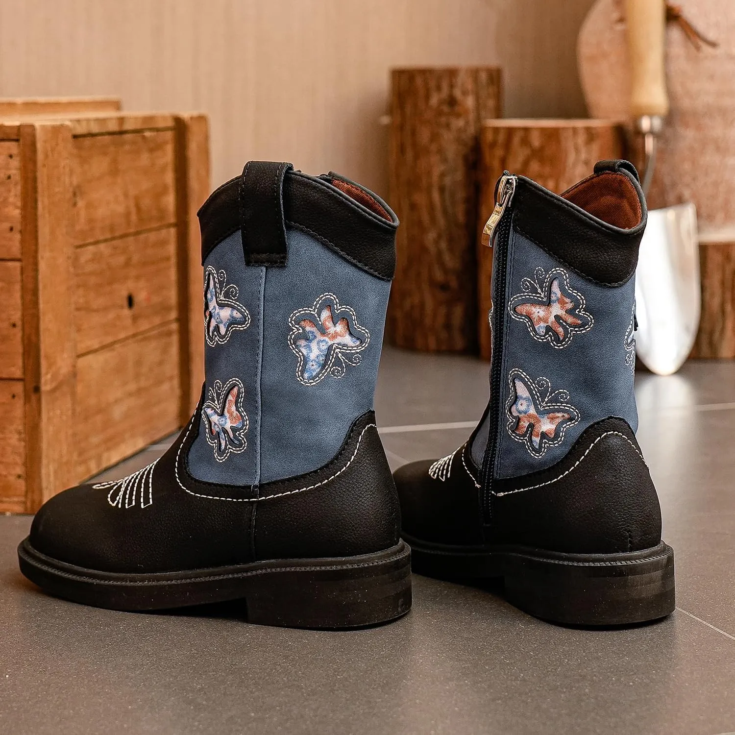 kkdom Toddler Girls Cowgirl Boots Western Glitter Butterfly Embroidery Cowboy Boot Ankle Boots Horse Riding Shoes