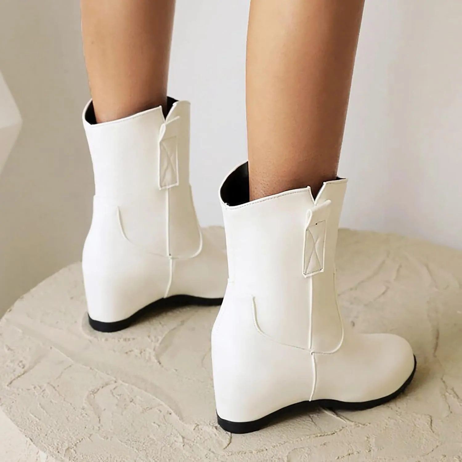 Knee High Boots Women Short Boots Solid Color Leather Round Toe Low Heel Mid Calf Boots Inner Height Western Boots