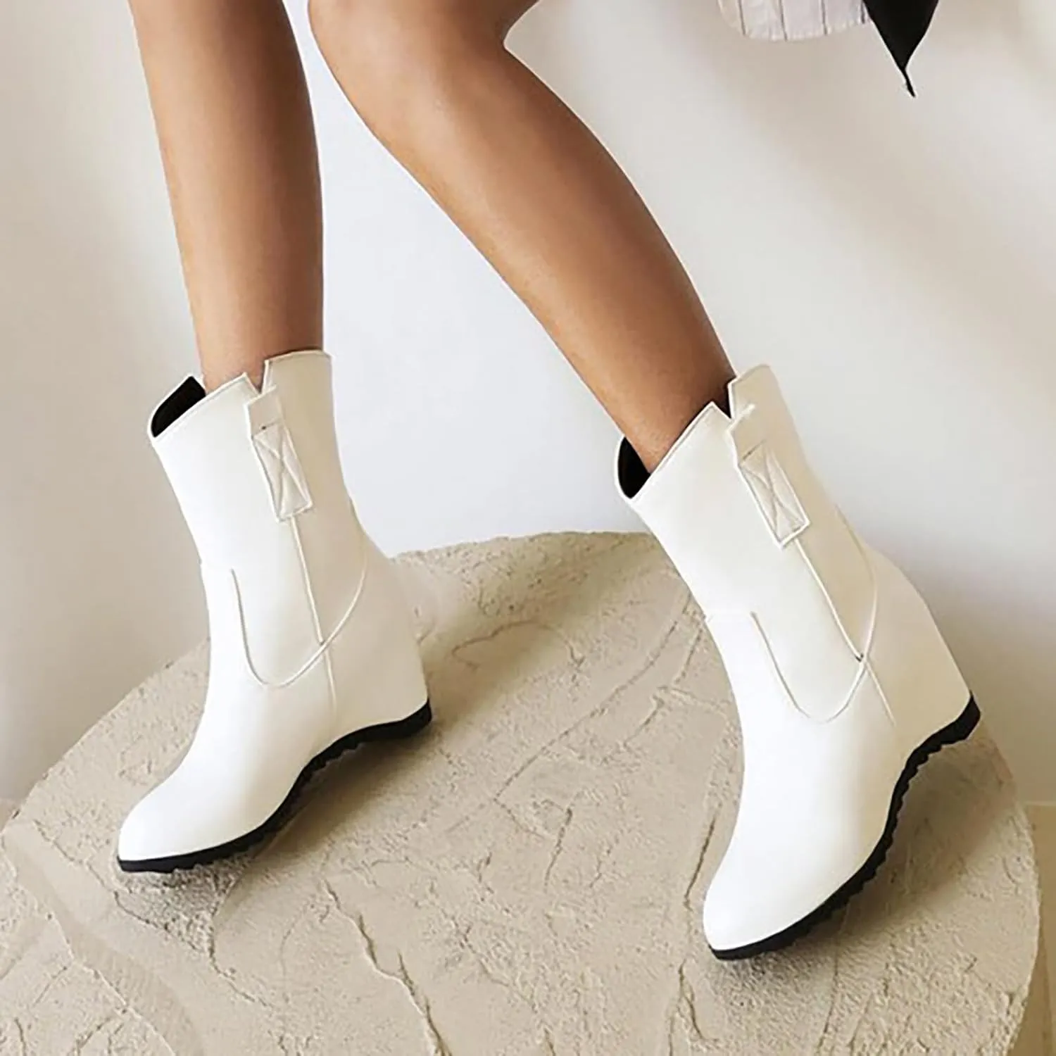 Knee High Boots Women Short Boots Solid Color Leather Round Toe Low Heel Mid Calf Boots Inner Height Western Boots