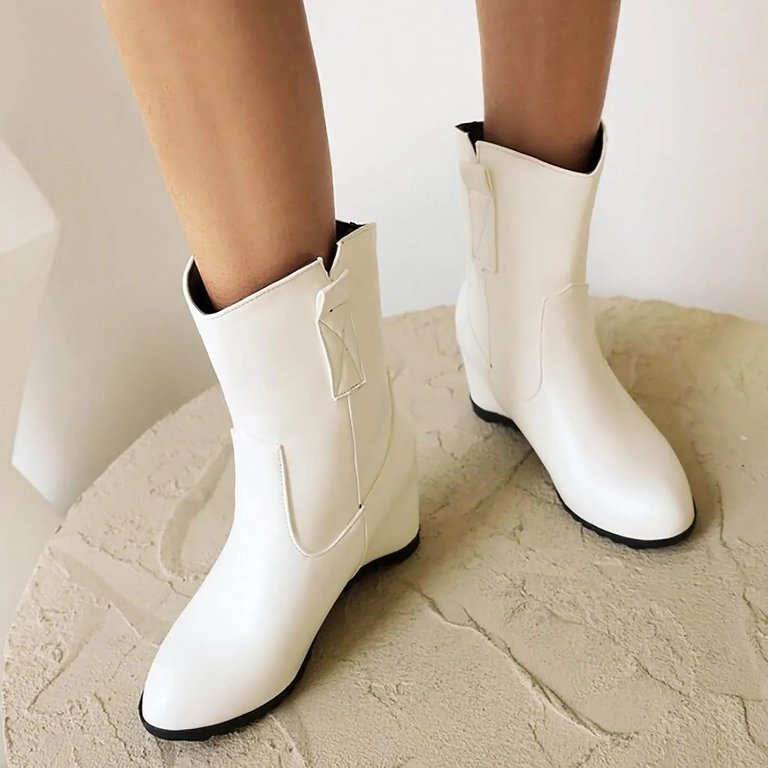 Knee High Boots Women Short Boots Solid Color Leather Round Toe Low Heel Mid Calf Boots Inner Height Western Boots