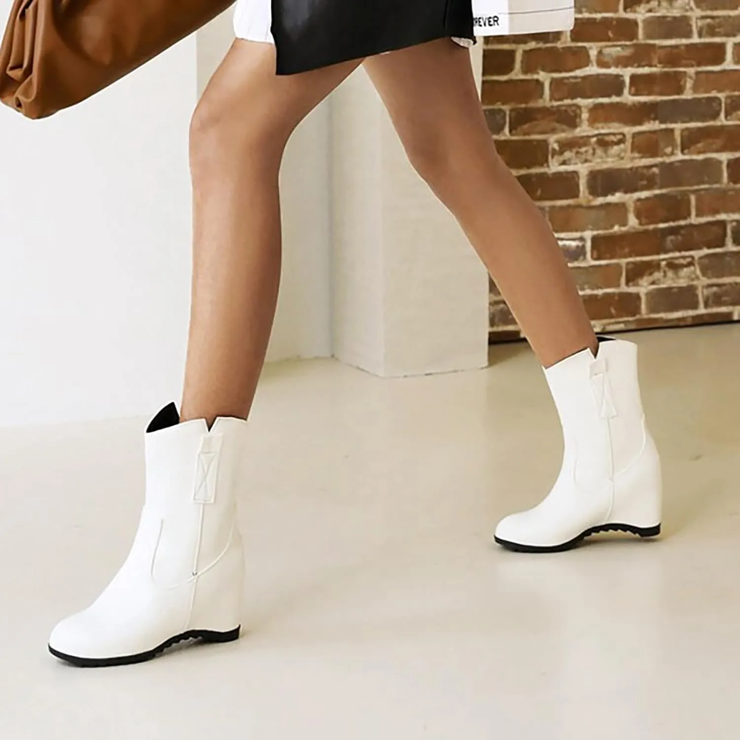 Knee High Boots Women Short Boots Solid Color Leather Round Toe Low Heel Mid Calf Boots Inner Height Western Boots