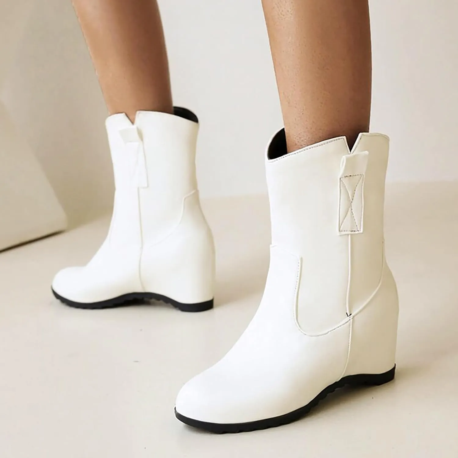 Knee High Boots Women Short Boots Solid Color Leather Round Toe Low Heel Mid Calf Boots Inner Height Western Boots