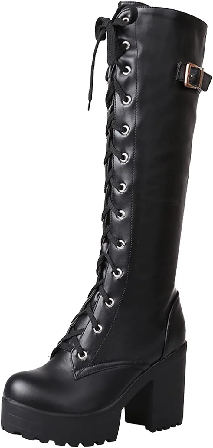 Knee High Boots Women Waterproof Winter Boots for Women 2024 Lace-Up Boots High Heel Chunky Boots Shoes Booties