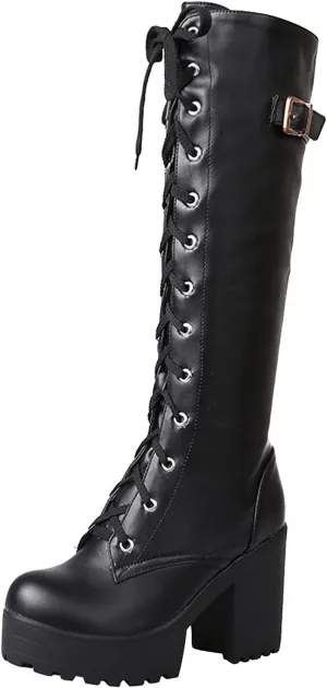 Knee High Boots Women Waterproof Winter Boots for Women 2024 Lace-Up Boots High Heel Chunky Boots Shoes Booties