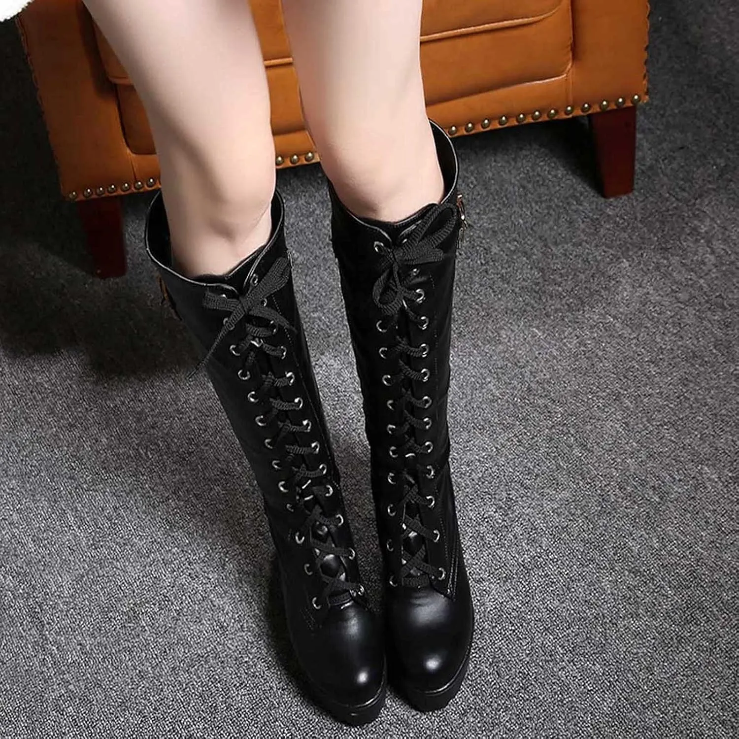 Knee High Boots Women Waterproof Winter Boots for Women 2024 Lace-Up Boots High Heel Chunky Boots Shoes Booties