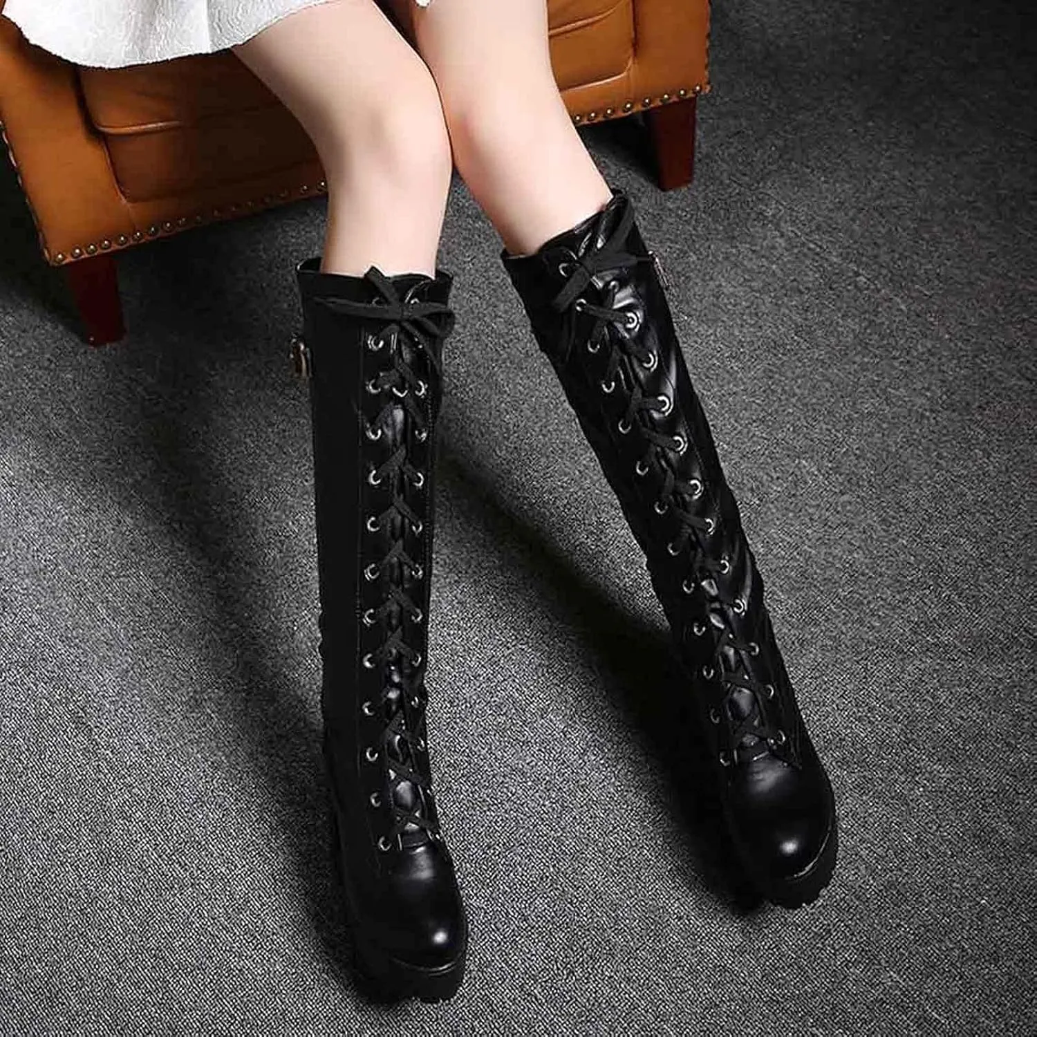 Knee High Boots Women Waterproof Winter Boots for Women 2024 Lace-Up Boots High Heel Chunky Boots Shoes Booties