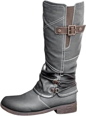 Ladmiple Cowgirl Boots Women Wide Calf Knee High Western Boots Pointed Toe Chunky Heel Stitching Pull On Cowboy Boots