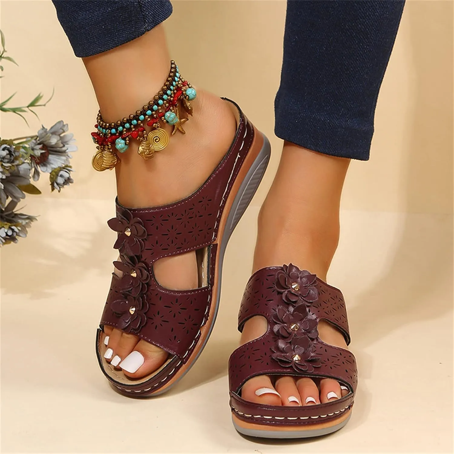 Ladmiple Sandals Women Beach Vacation Fashion Orthotic Slides Ladies Lightweight Athletic Slip On Slippers With Arch Support