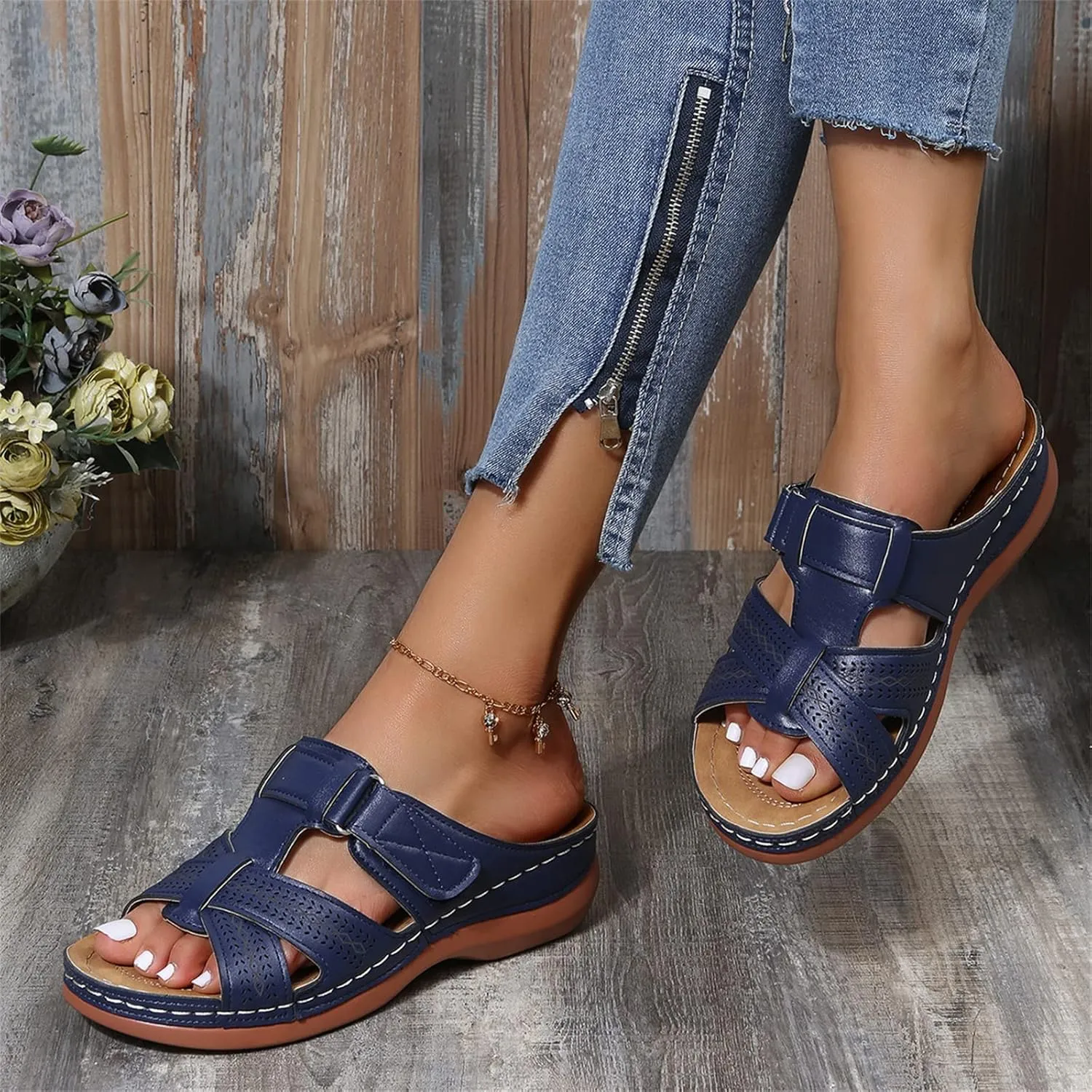 Ladmiple Sandals Women Dressy Summer Flat Flip Flops Orthotic Slides Comfortable Walking Orthopedic Slipper with Arch Support