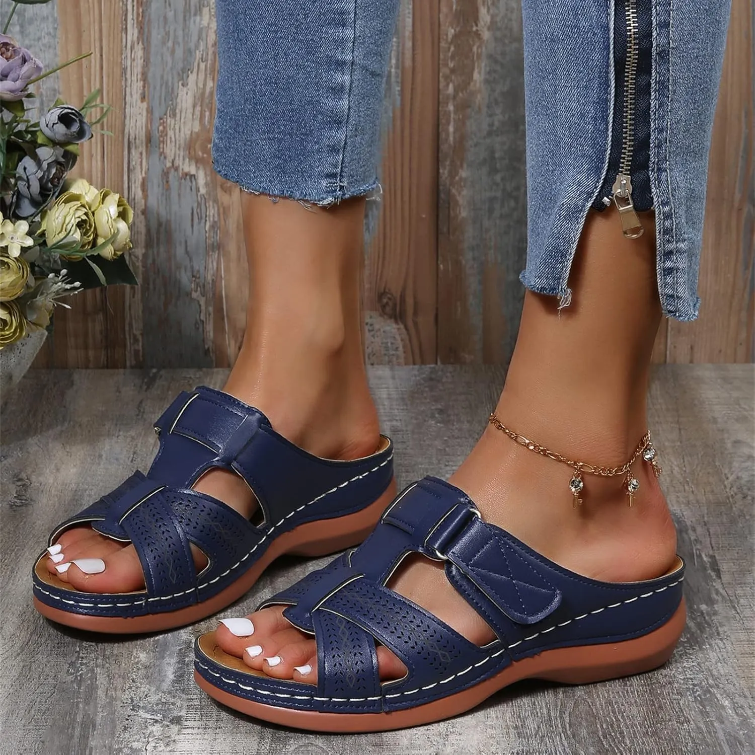 Ladmiple Sandals Women Dressy Summer Flat Flip Flops Orthotic Slides Comfortable Walking Orthopedic Slipper with Arch Support