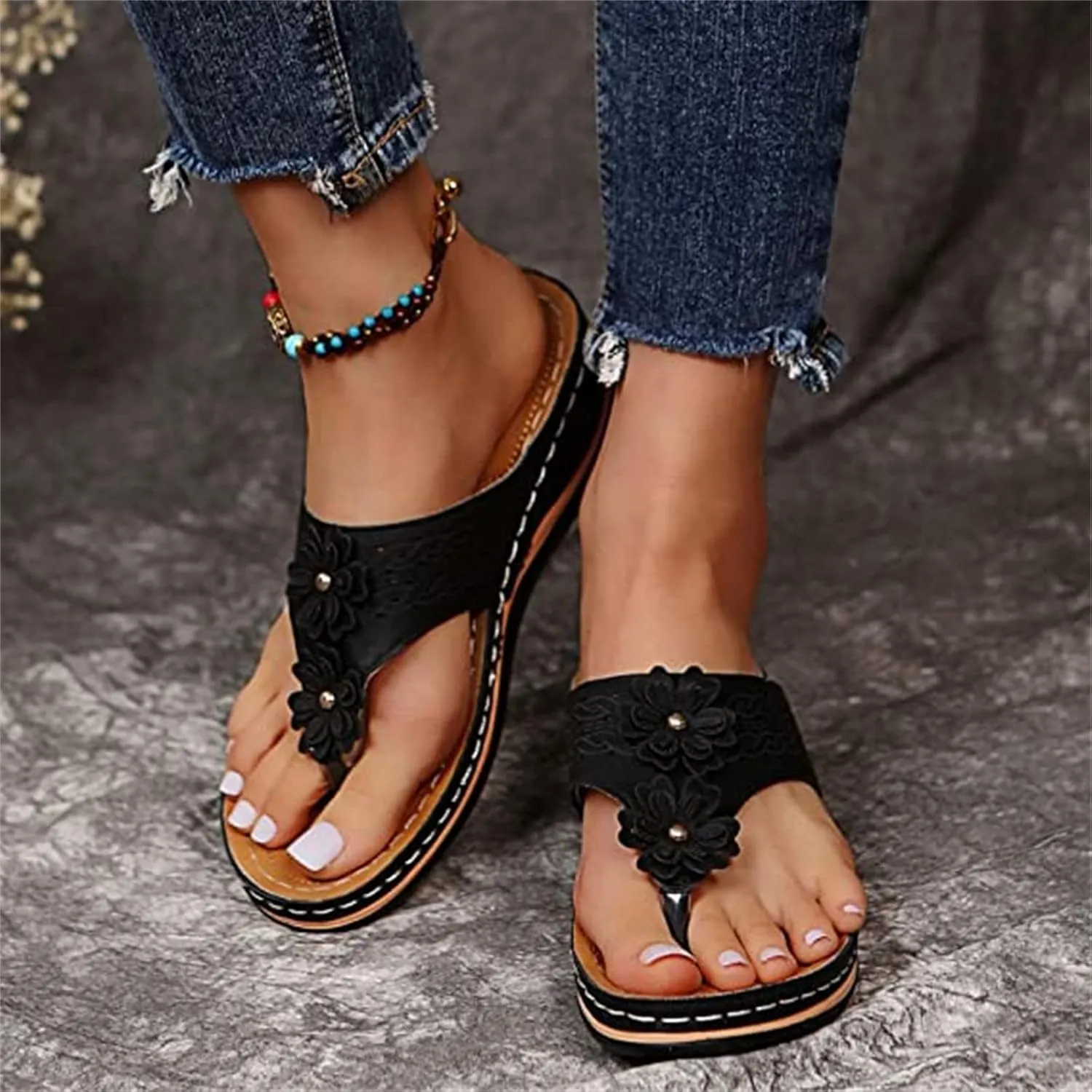 Ladmiple Women's Sandals Wedge Heel Arch Support Orthopedic Slides Summer Orthotic Thong Flip Flops for Plantar Fasciitis