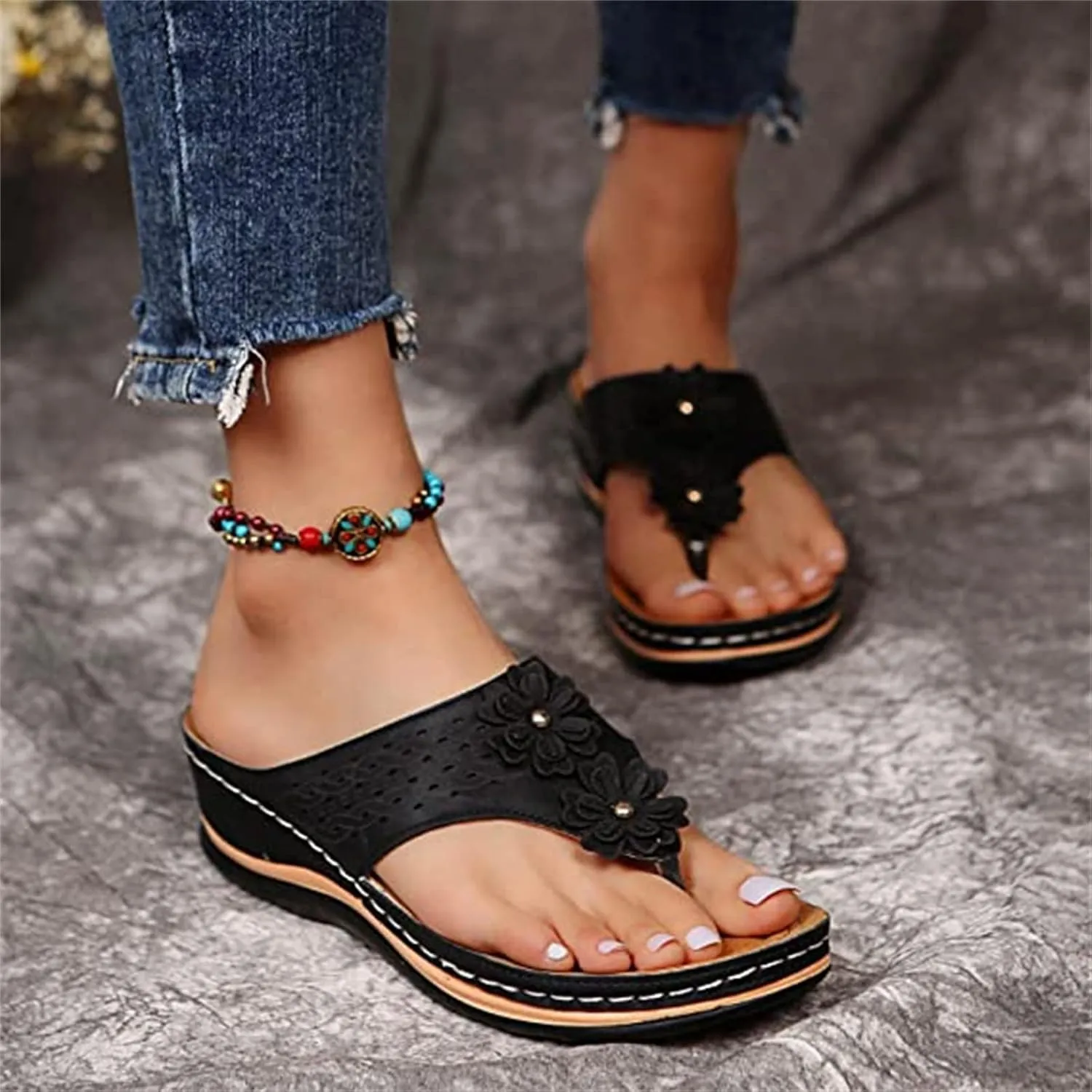 Ladmiple Women's Sandals Wedge Heel Arch Support Orthopedic Slides Summer Orthotic Thong Flip Flops for Plantar Fasciitis