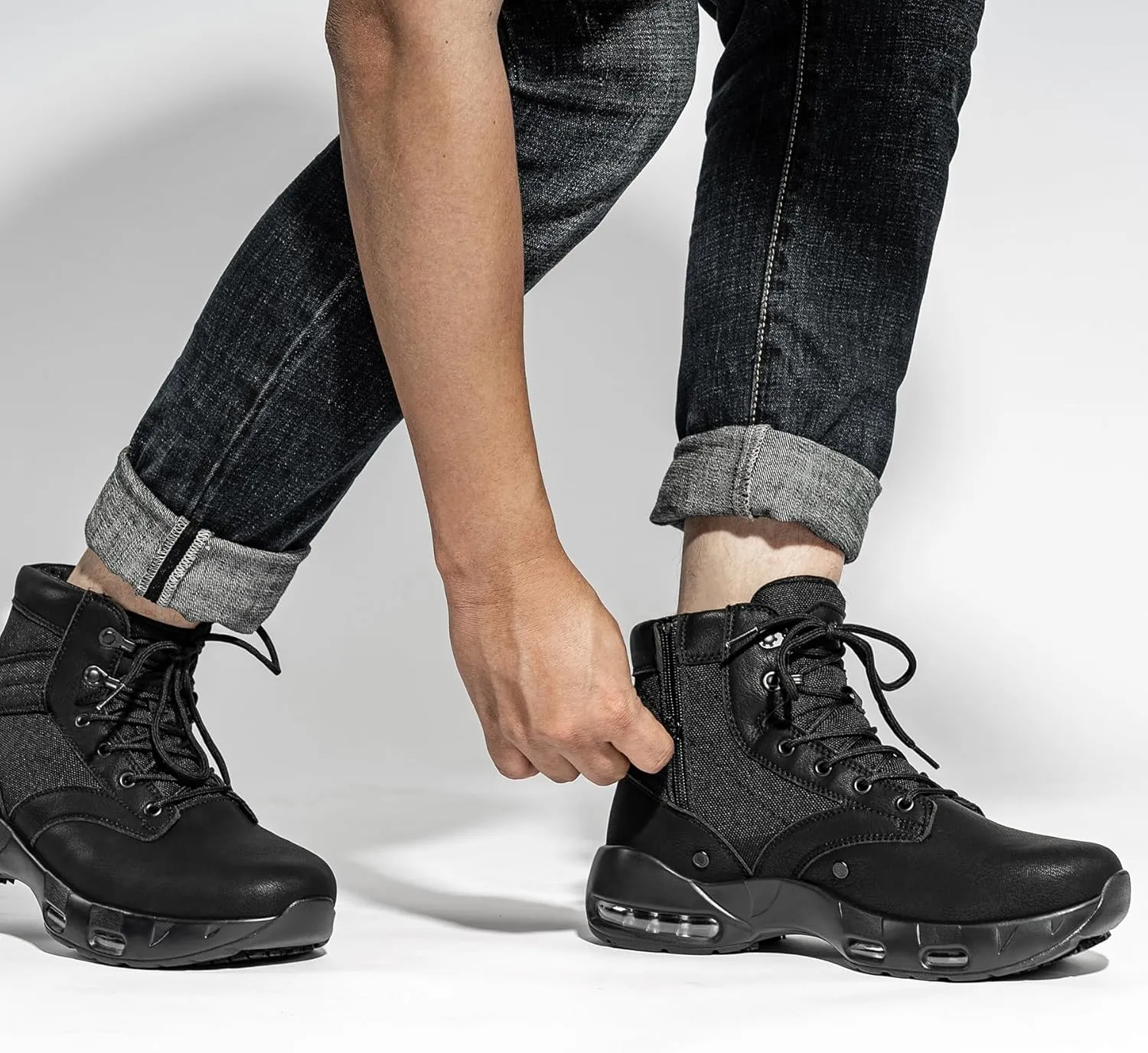 LARNMERN Non Slip Mens Boots Slip Resistant Shoes Air Cushion Side Zipper Casual Comfort Botas Militares Hombre Zapatos de Trabajo Black
