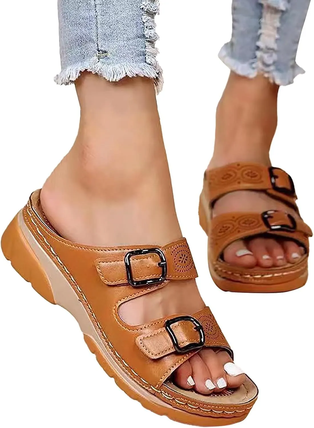 Leather Sandals for Women 2025 with Arch Support, Summer Slip On Orthopedic Diabetic Wedge Slippers,Anti-Slip Open Toe Shoes