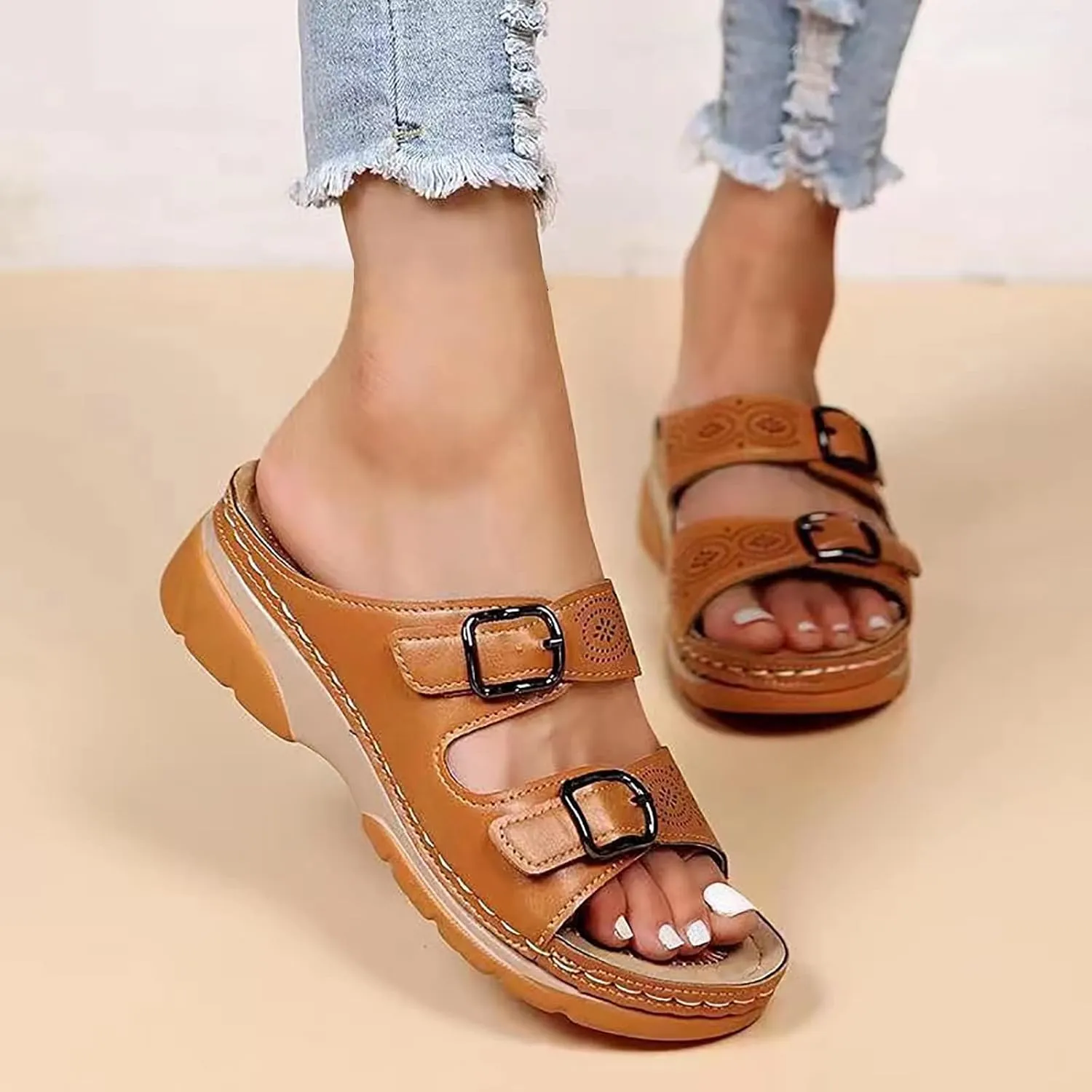 Leather Sandals for Women 2025 with Arch Support, Summer Slip On Orthopedic Diabetic Wedge Slippers,Anti-Slip Open Toe Shoes
