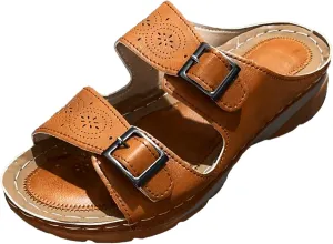 Leather Sandals for Women 2025 with Arch Support, Summer Slip On Orthopedic Diabetic Wedge Slippers,Anti-Slip Open Toe Shoes
