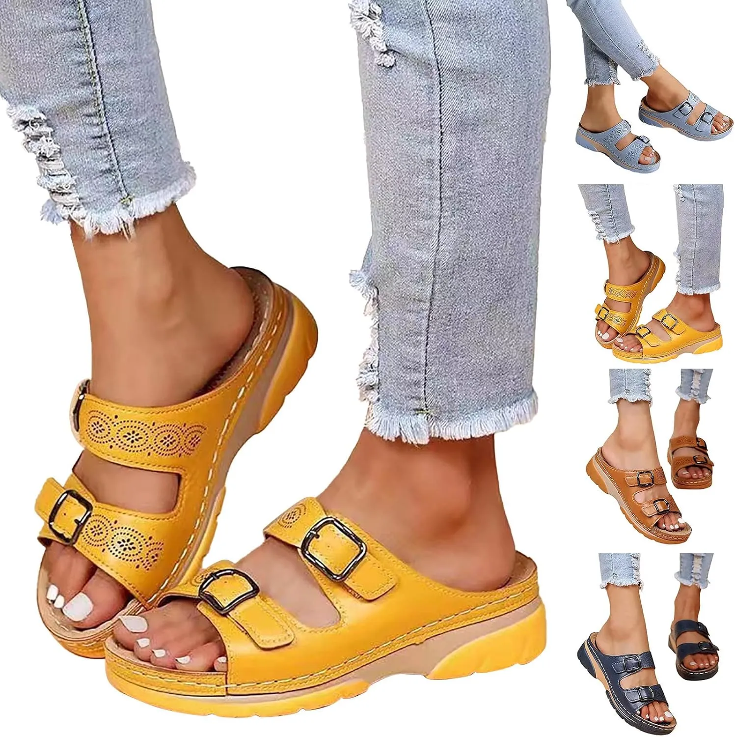 Leather Sandals for Women 2025 with Arch Support, Summer Slip On Orthopedic Diabetic Wedge Slippers,Anti-Slip Open Toe Shoes
