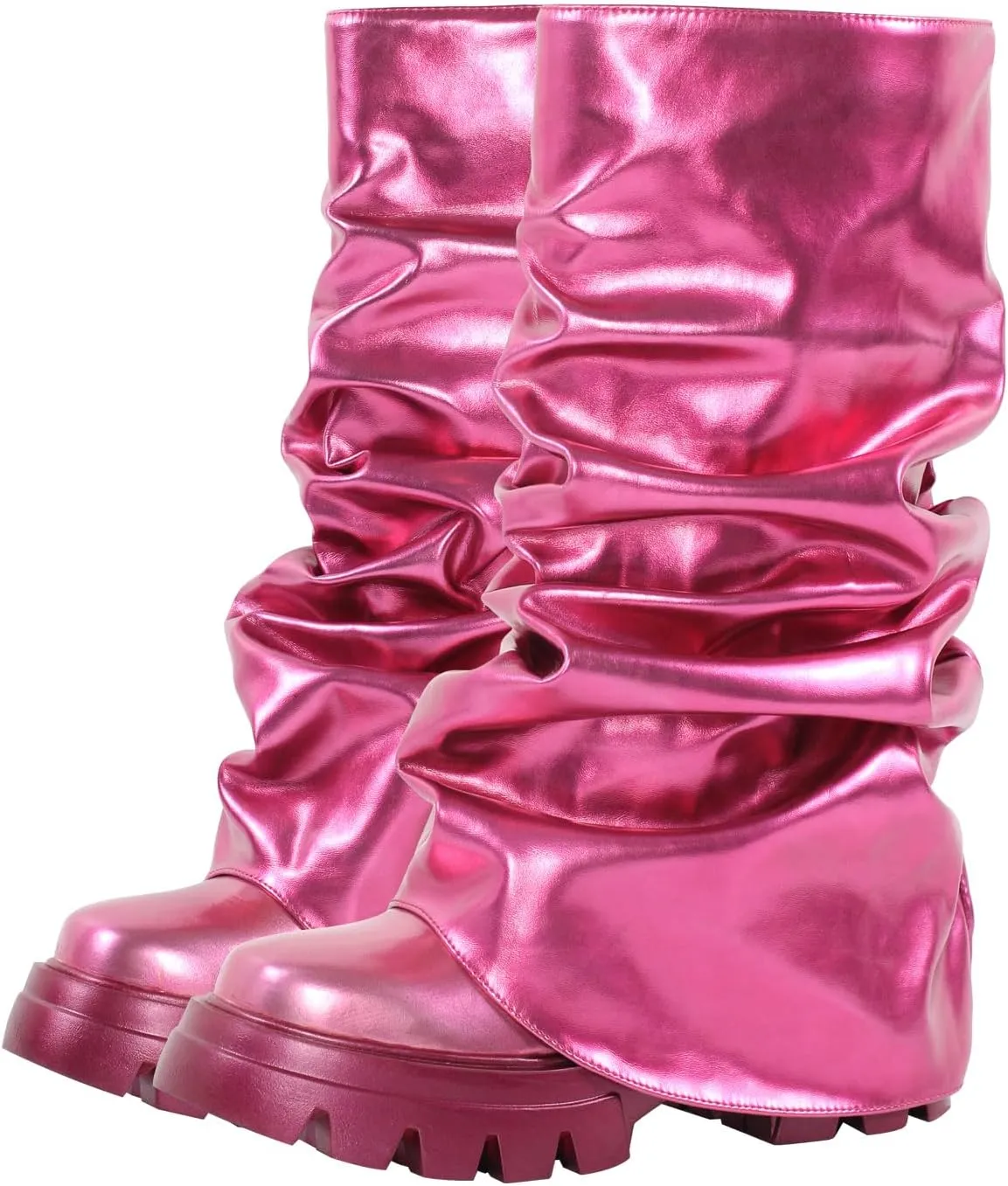 LISHAN Women's Platform Block Heels Mid Calf Slouchy Fold Down Boots