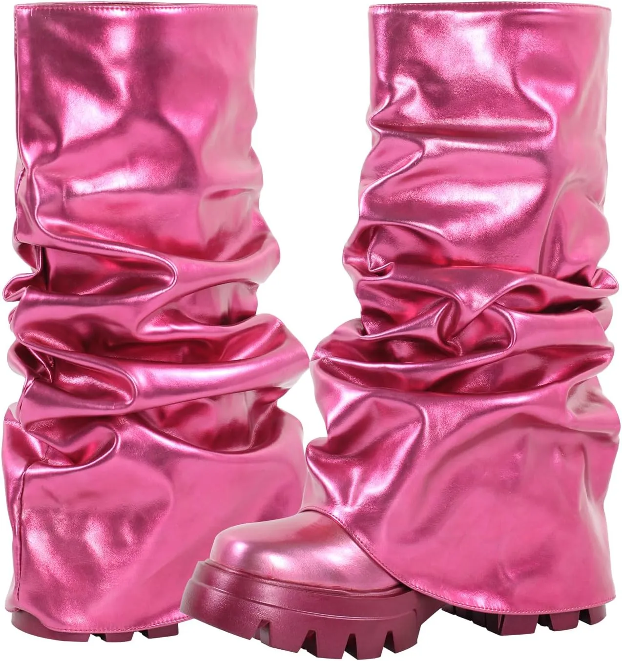 LISHAN Women's Platform Block Heels Mid Calf Slouchy Fold Down Boots