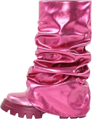 LISHAN Women's Platform Block Heels Mid Calf Slouchy Fold Down Boots
