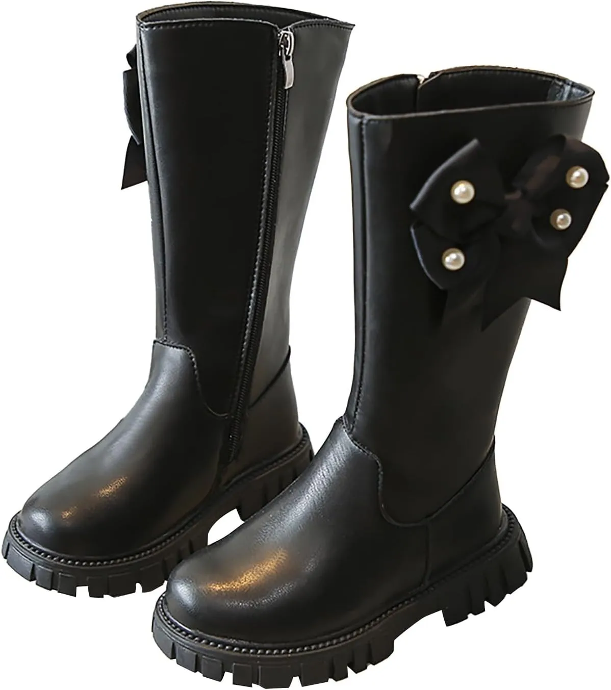 Little Girls Leather Long Boots aterproof Side Zipper Mid Calf ombat Riding Winter Soft Bottom High Boots