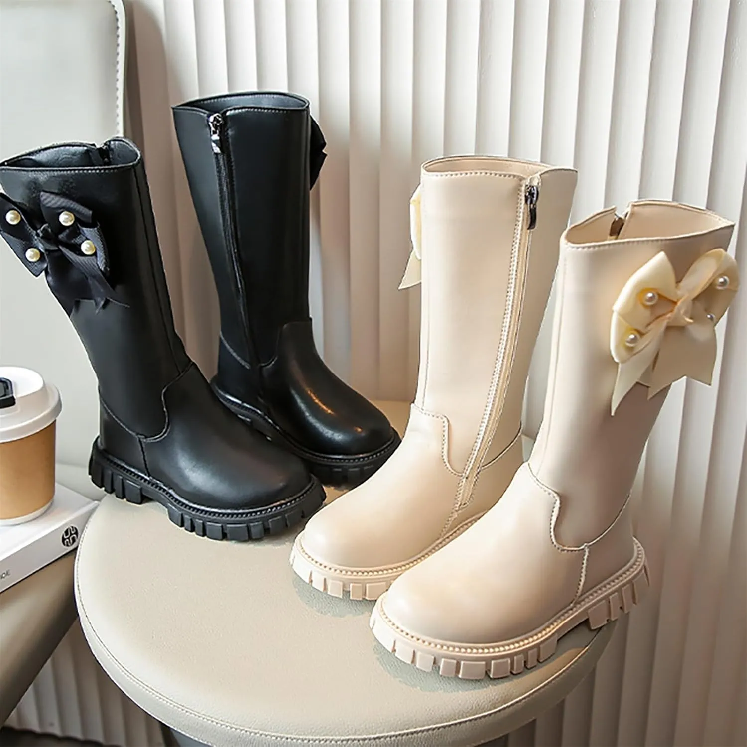 Little Girls Leather Long Boots aterproof Side Zipper Mid Calf ombat Riding Winter Soft Bottom High Boots