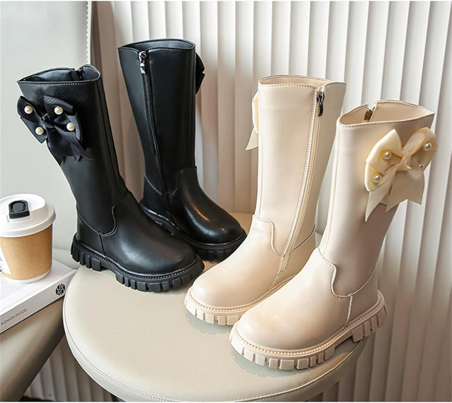 Little Girls Leather Long Boots aterproof Side Zipper Mid Calf ombat Riding Winter Soft Bottom High Boots